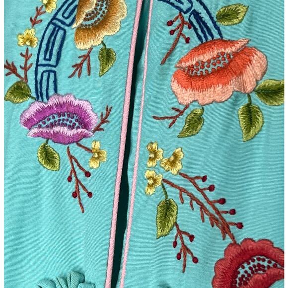 Vintage 60s Chinese Embroidered Robe Size Small Aqua Rayon House Coat Embroidery - Picture 8 of 11